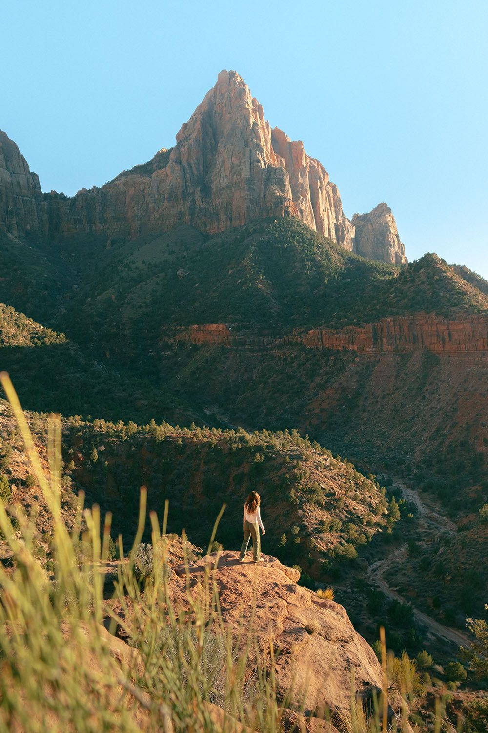 A woman standing on the edge of a cliff, looking a tall mountain in the distance
