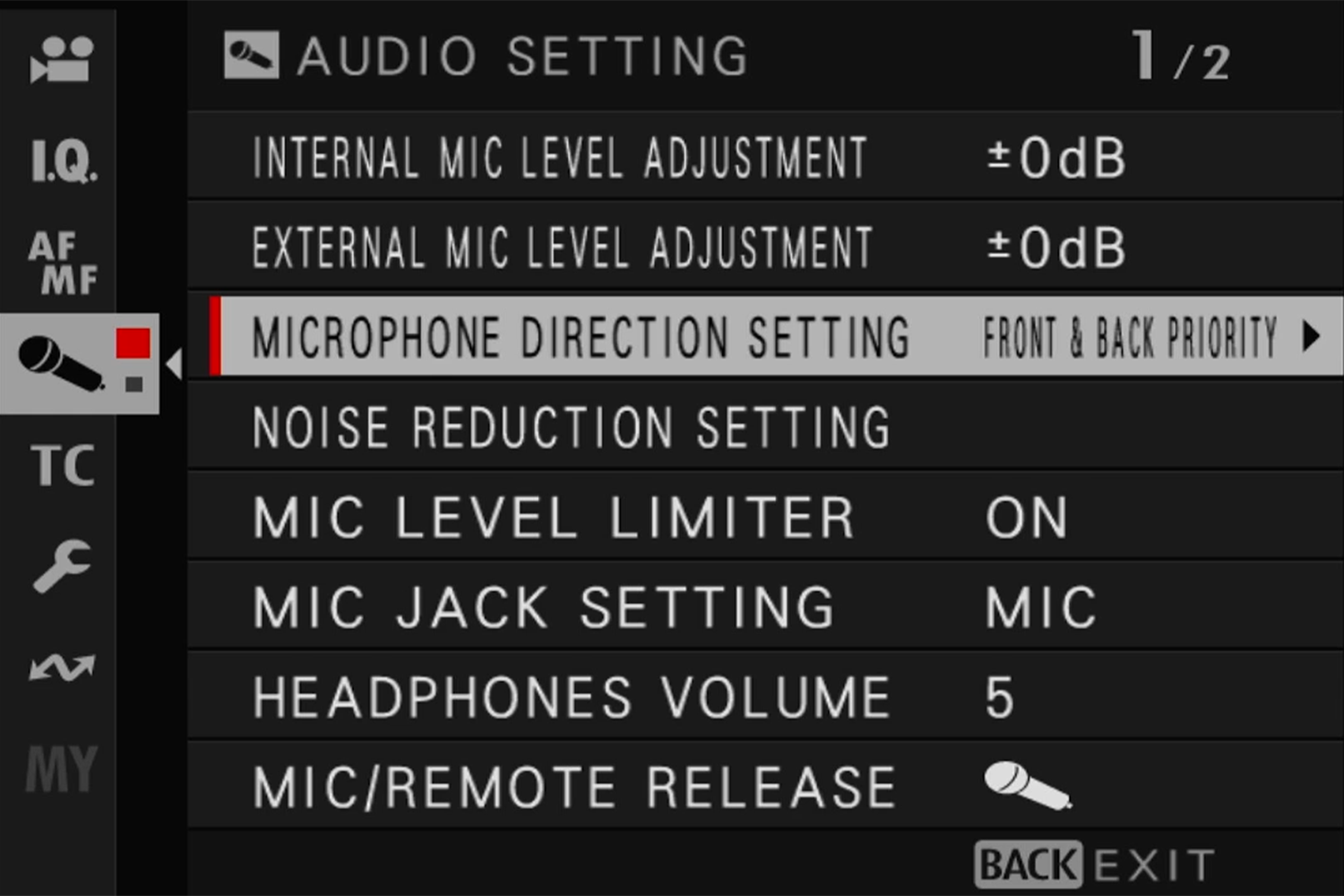 Audio settings menu showing various options
