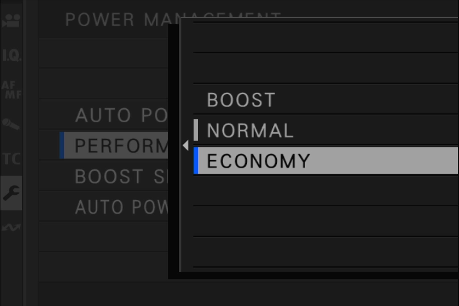 Dropdown menu showing power management settings