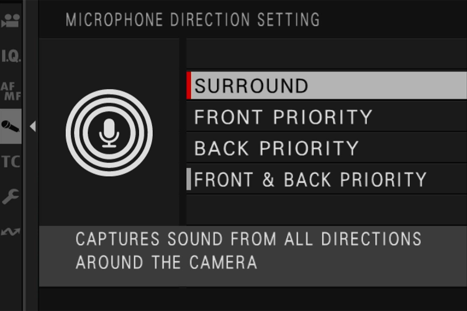 Microphone direction settings menu showing various options