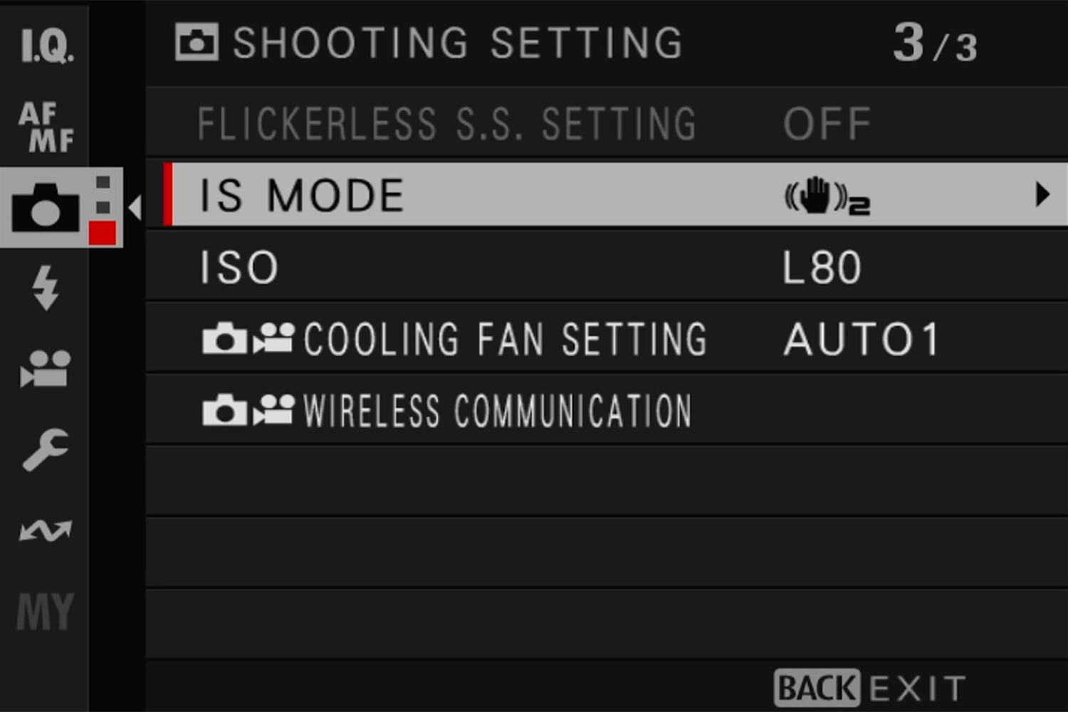 Camera settings menu displaying options for IS Mode, ISO, Cooling Fan, and Wireless Communication