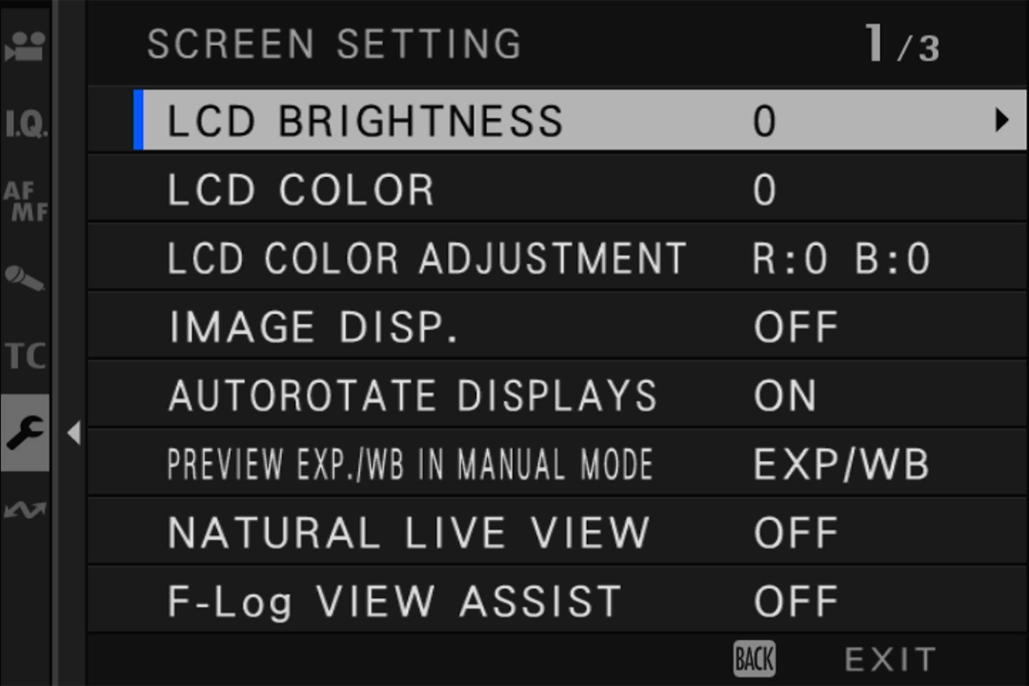 Camera screen settings menu displaying options like LCD brightness and color