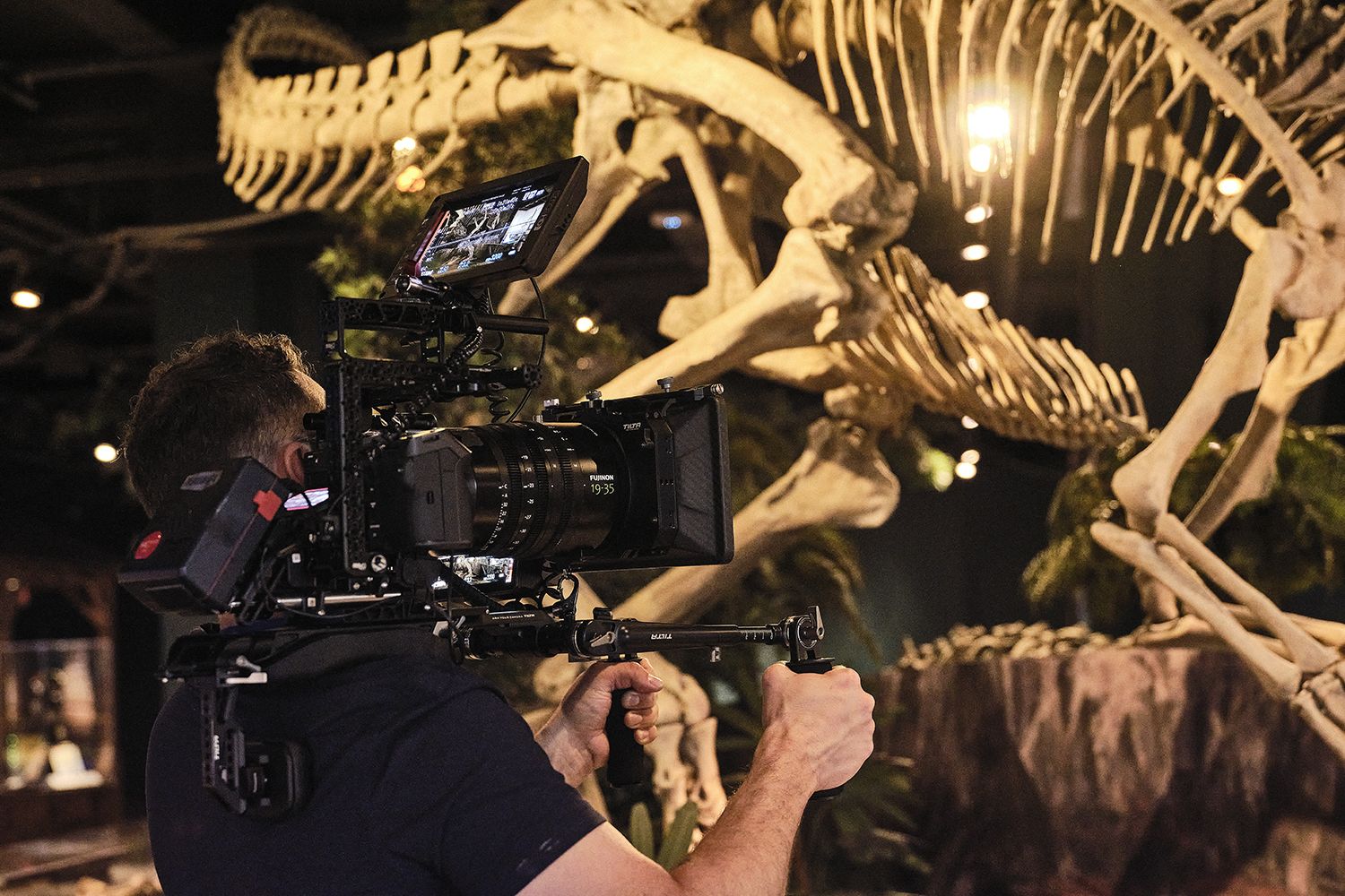 A person operates a professional video camera, filming a large dinosaur skeleton display in a museum setting