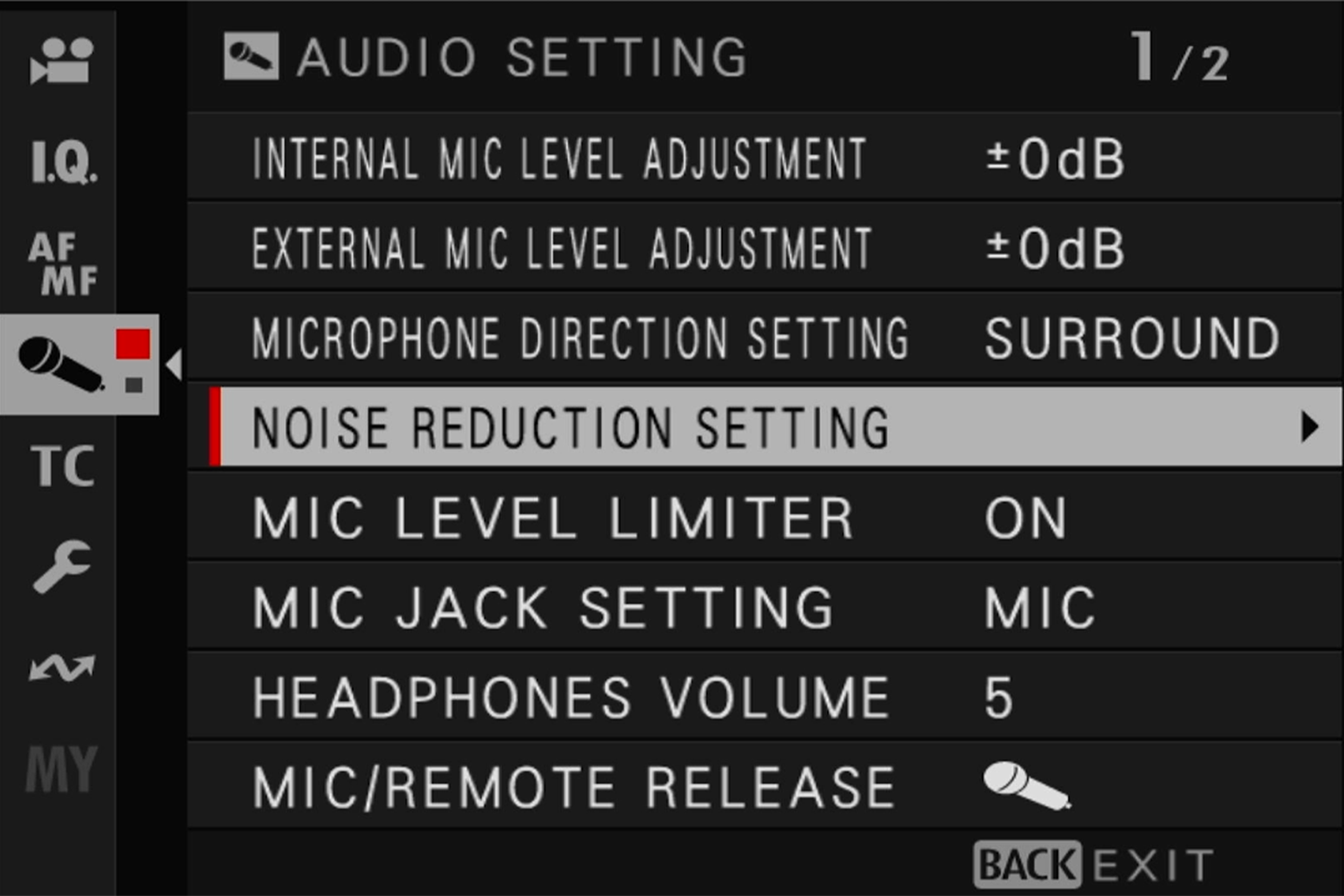 Camera audio settings menu with various options