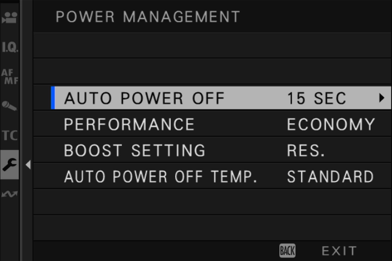 Camera power management settings menu displaying numerous options