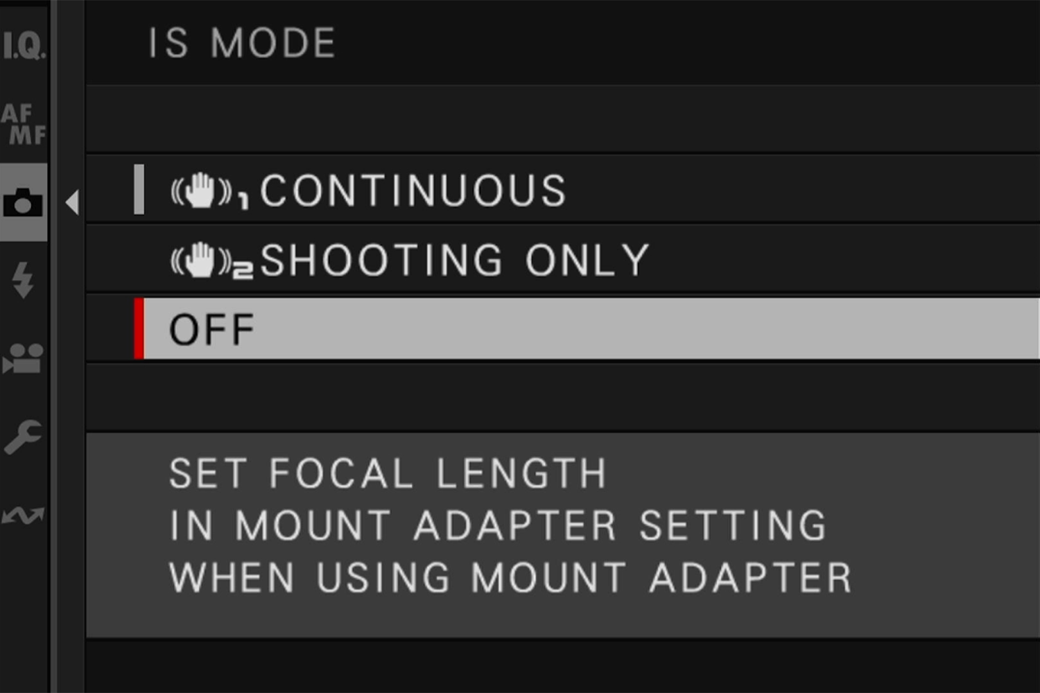 Camera menu displaying IS Mode options