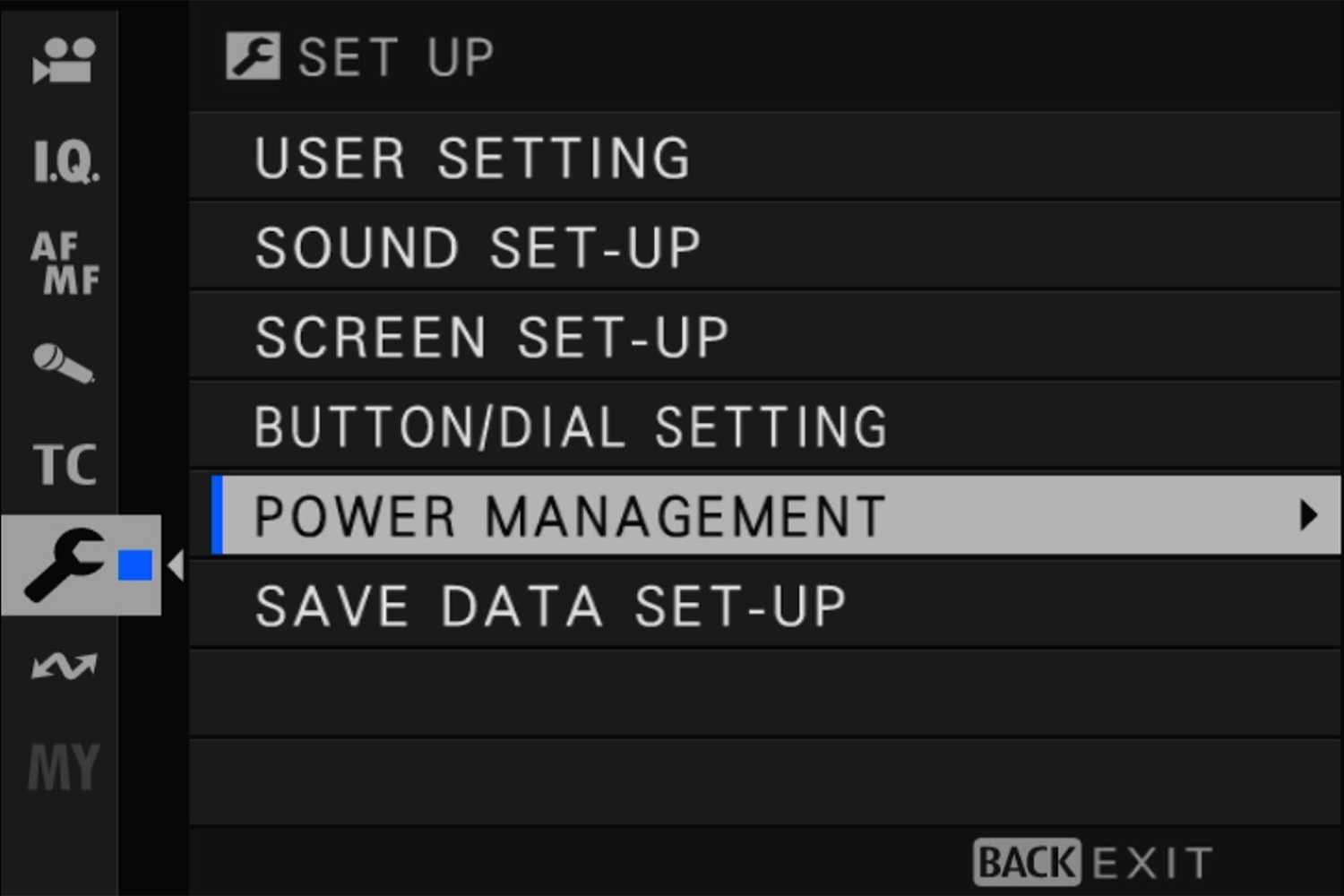 Camera menu screen showing "Power Management" selected