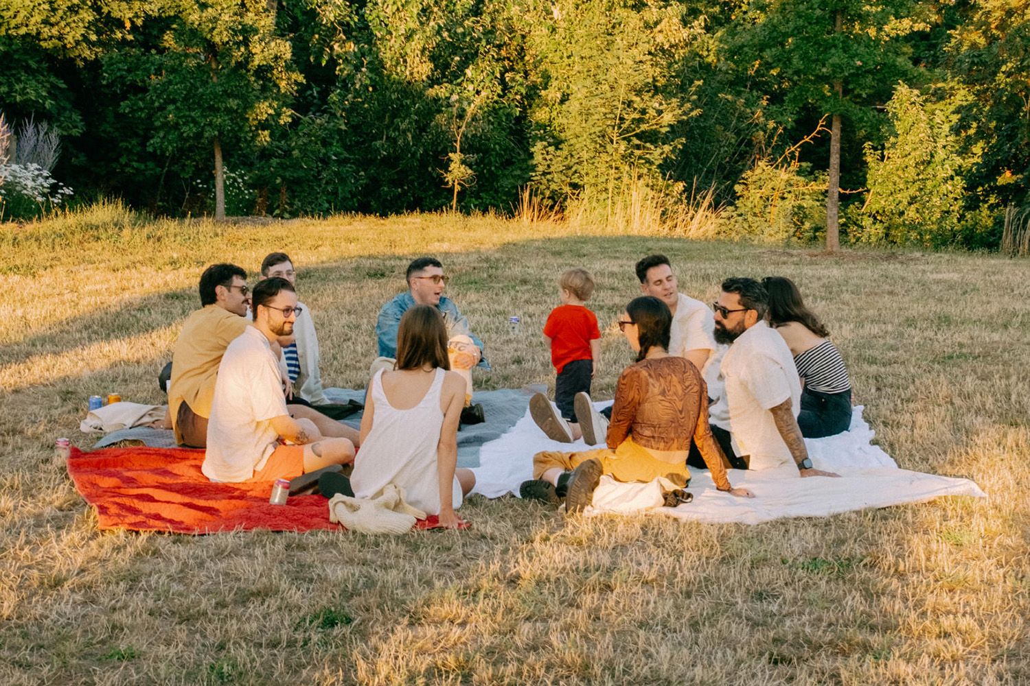 Group of people sitting on blankets having a picnic in a grassy field with trees in the background