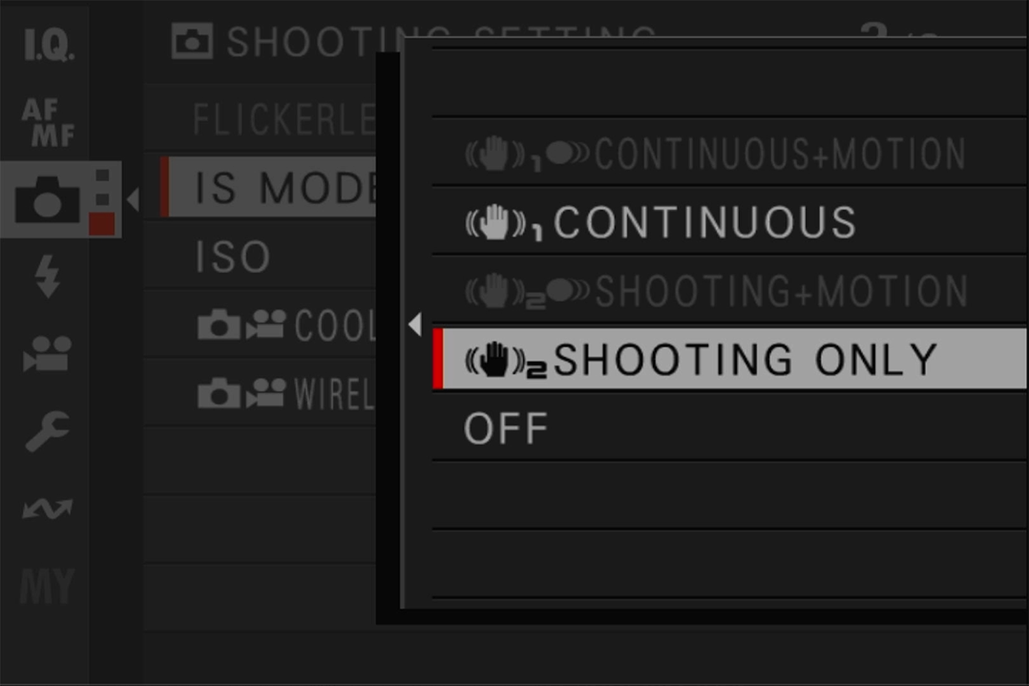 Camera settings menu displaying stabilization options