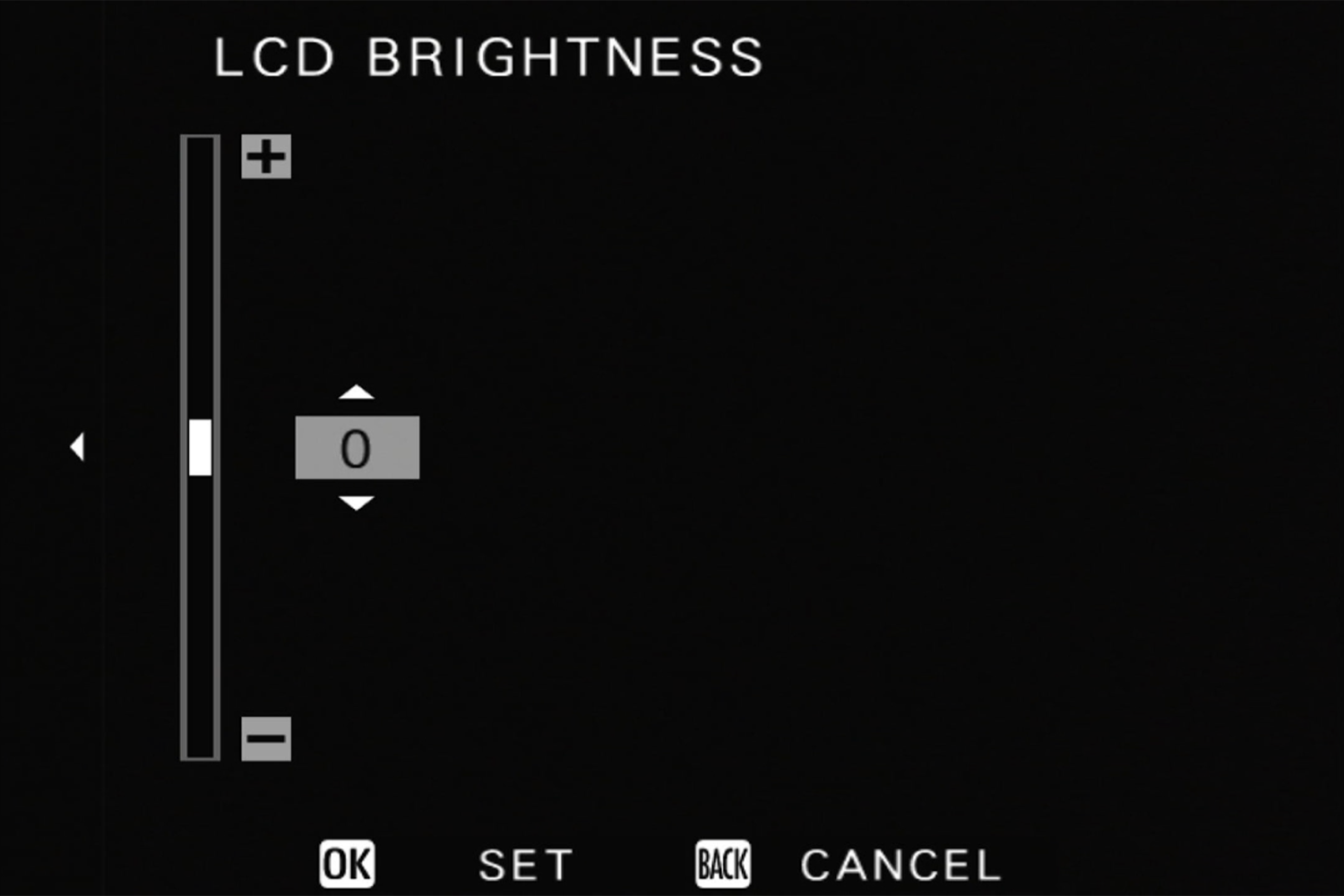 LCD brightness adjustment screen with a slider set to zero