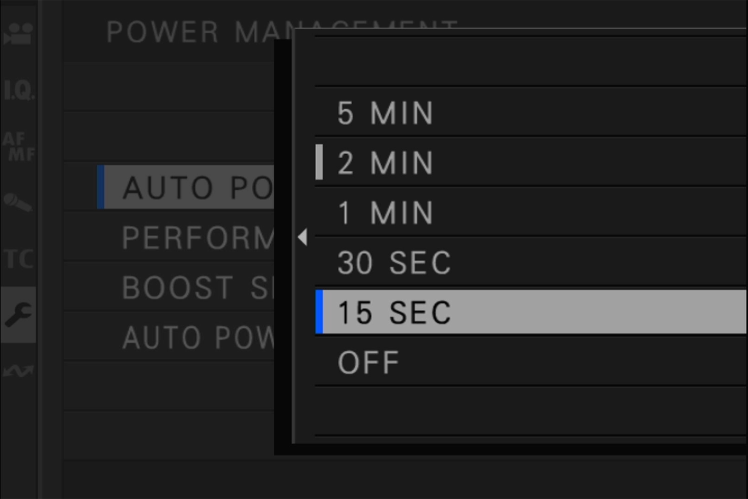 Camera menu screen showing power management options
