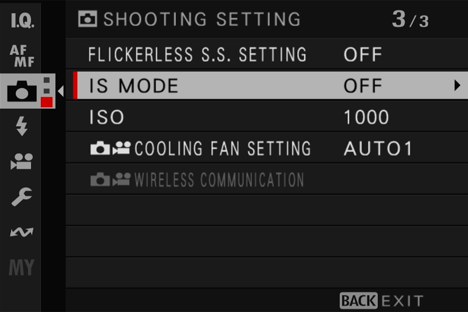 Camera settings menu showing IS Mode