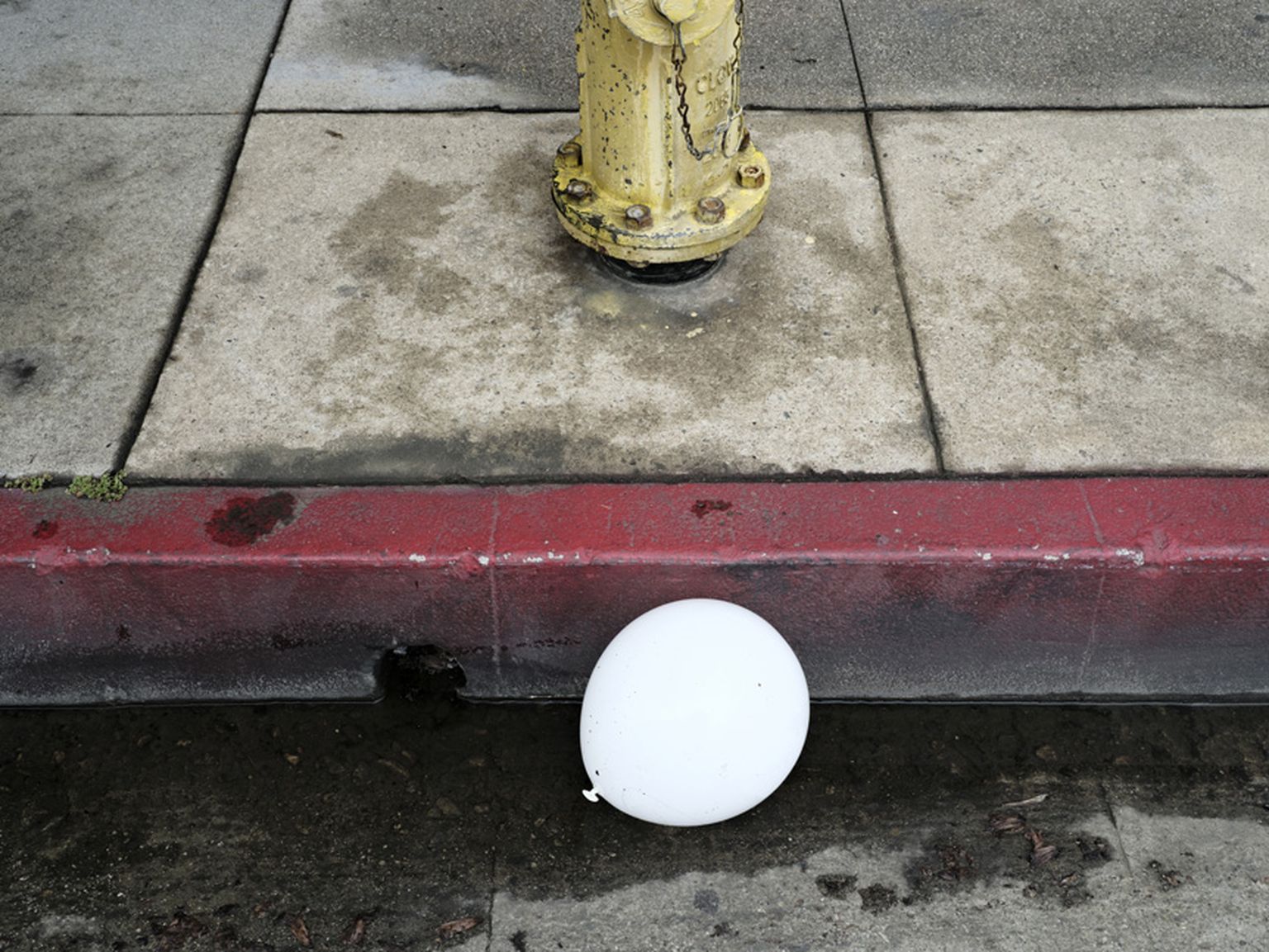 White balloon against a red curb near a yellow fire hydrant on a wet sidewalk. White balloon against a red curb near a yellow fire hydrant on a wet sidewalk.